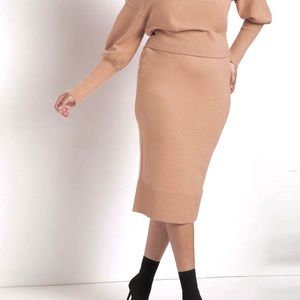 ELOQUII Women’s Plus Camel Brown Sweater Short Stretchy Pencil Midi Skirt 18/20